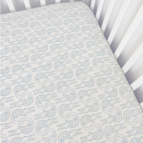 Organic Cotton Crib Sheets- Alligator in Bay Blue