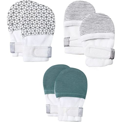 HAPIU Baby No Scratch Mittens Stay On, 100% Cotton Breathable, Adjustable Infant Gloves for Boys Girls, Newborn - 12 M - Geometry&grey Stripe&emerald - 6-12 Months