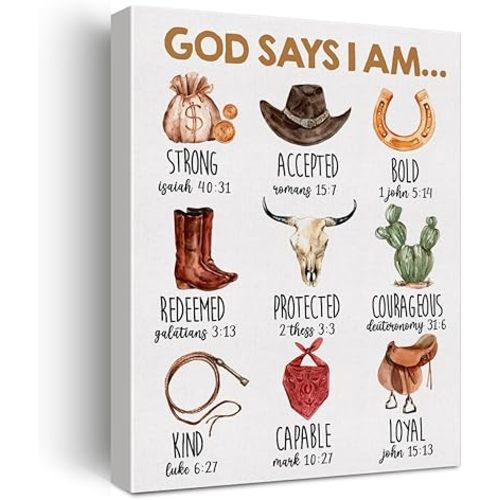 Inspirational God Says I Am Cowboy Western Poster Canvas Wall Art for Home Decor Christian Bible Verses Wild West Canvas Print Painting Ready to Hang Gifts - Easel & Hanging Hook 12x15 Inch