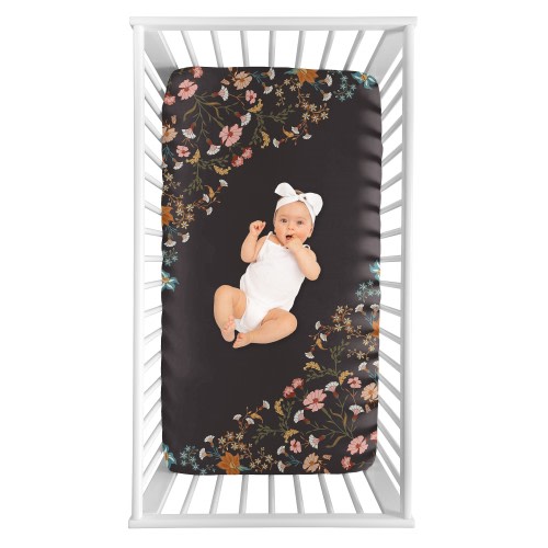 Sweet Jojo Designs Boho Wildflower Vintage Floral Girl Photo Op Fitted Crib Sheet - Black Orange Bohemian Farmhouse Cottagecore