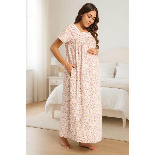 Floral Maternity Nursing Nightgown — Button-Front, Pockets, Short Sleeves — Lightweight Flowy | Feeding Nightdress For Women