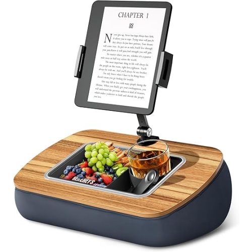 Lap Beanbag Tablet Pillow Stand,Adjustable iPad Holder with Snack Bowl,360° Rotating Clip for 4.7-13" Kindle,Phone,Tablet.Ideal for Hands-Free Reading and Relaxation on Bed,Couch,Recliner,Gray