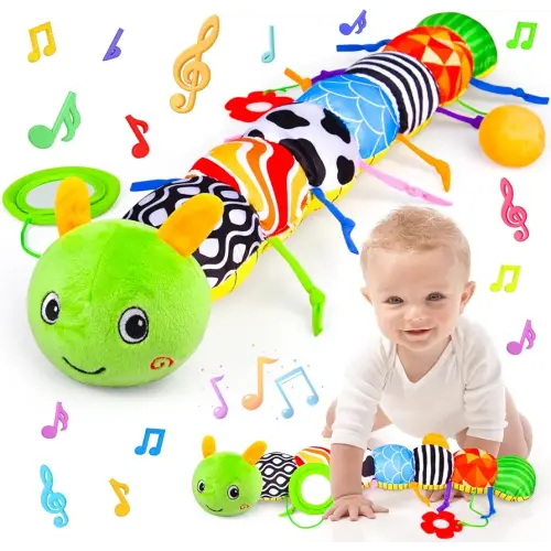 Infant Baby Toys 0-12 Months, Stuffed Animal Tummy Time Toys Sensory with Crinkle, Rattles, Textures, Mirror - Caterpillar Musical (Green)