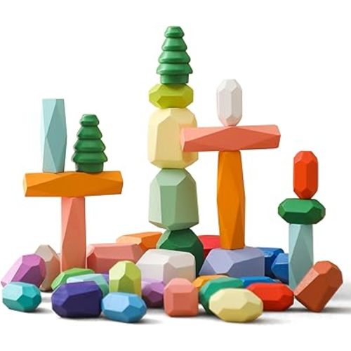 OESSUF Stacking Rocks 40Pcs Stacking Rocks Balancing Stacking Stones Wooden Stacking Toys Wooden Stone Stacking Game for Toddler Wood Sorting Montessori Stacking Rocks for Kids