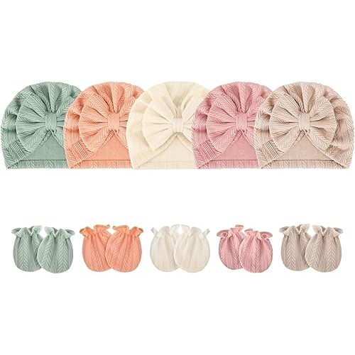 Newborn Baby Hats and Mittens Set Infant Bow Beanie Cap Toddler Gloves Newborn Hospital Hats for Baby Boy Girl 0-12 Months
