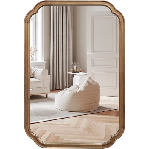 HOMECOOKIN Bathroom Mirrors for Wall, Rounded Corner Arch Farmhouse Bathroom Mirror for Bedroom or Living Room Wall Decor, Rustic Wood Frame Mirror, 24" x 36", Natural