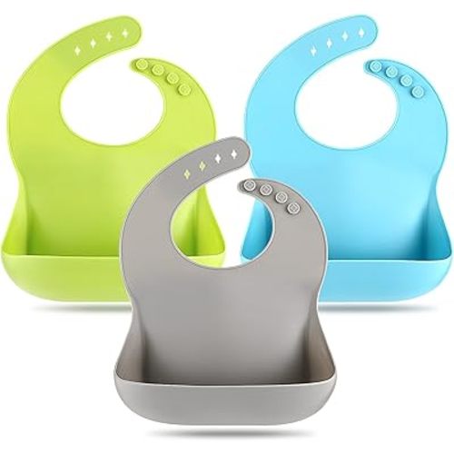 Silicone Bibs for Babies & Toddlers Set of 3, Silicone Baby Bibs for Boy and Girl, Adjustable Soft Waterproof Bibs