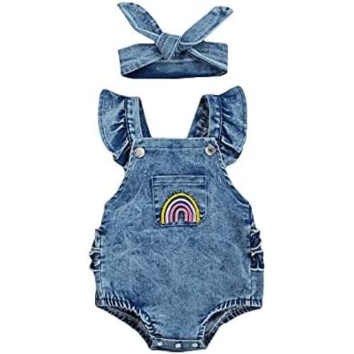 Fanvereka Newborn Baby Girls Rainbow Rompers Sleeveless Summer Ruffle Bodysuit Denim Rib Jumpsuit Headwear 2pcs Outfit Set