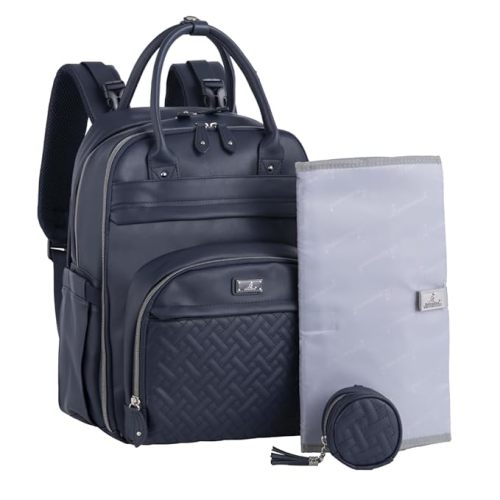 BabbleRoo Leather Diaper Bag Backpack - Baby Essentials Travel Baby Bag, Multi function, with Changing Pad, Stroller Straps & Pacifier Case – Unisex, Midnight Blue