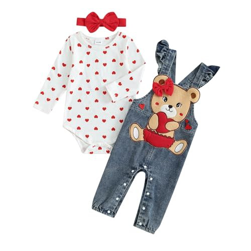 KMBANGI Newborn Infant Baby Girls Outfit Heart Print Long SleeveRomper Denim Overalls Suspender pants Headband 3PCS Clothes