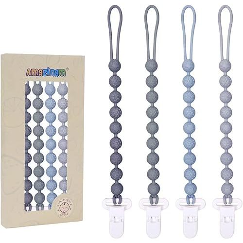 One Piece Design Silicone Pacifier Clip Holder,Pack of 4 Flexible Paci Leash,Binky Clips with Textures for Baby Boys and Girls,Newborn Essential (Gray)