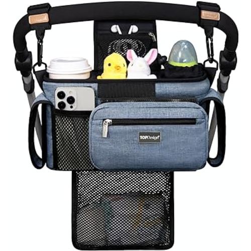 TOPDesign Universal Baby Stroller Organizer, Stroller Caddy with Detachable Mesh Bag & Heightened Insulated Cup Holders & Non-Slip Secure Hooks Accessories, Fits Most Strollers (Blue)
