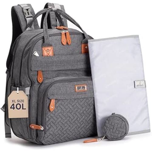 BabbleRoo Extra Large Diaper Bag Backpack, Expandable Baby Bag with Up to 50% More Capacity - Travel Essentials Baby Bag Tote with Changing Pad, Stroller Straps & Pacifier Case - Unisex, Dark Gray
