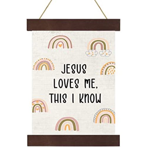 Boho Rainbow Nursery Wall Decor Baptism Gift for Girls Jesus Loves Me This I Know Christening Baby Hanging Canvas Wooden Dedication for Kids Baby Nursery Room, 10 x 13.4 Inches (Rustic Style)