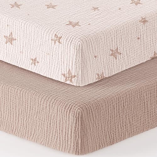 Bearmoss Muslin Mini Crib Sheets for Pack N Play Mattress - 100% Cotton - 38"x26" Soft Breathable Playard Baby Crib Sheets Neutral for Boys Girls - 2 Pack (Pink Star)