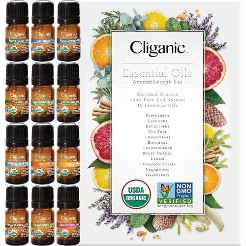 Cliganic USDA Organic Aromatherapy TOP 12 Essential Oils Set, 100% Pure - Peppermint, Lavender, Eucalyptus, Tea Tree, Lemongrass, Rosemary, Frankincense, Orange, Lemon, Cassia, Cedarwood & Grapefruit