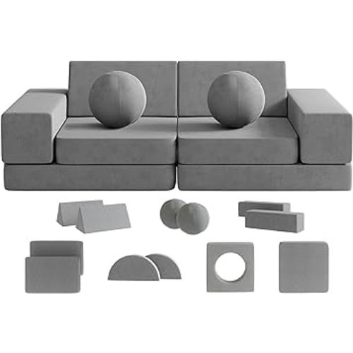 Kids Couch, 12PCS Fold Out Toddler Couch with 2 balls and tunnel, Modular Kids Couch for Playroom, Kids Play Couch for Kickball Game, Pitching Game, over 30 Creative Gameplay Couch for Kids (Gray)