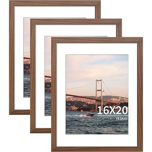 16x20 Picture Frame Brown Set of 3, Display Pictures 11x14 with Mat or 16 x 20 Without Mat, Poster Frames 16x20 for Wall Hanging Horizontal and Vertical