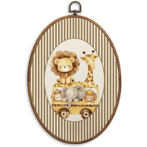 SONMYSULIL Vintage Jungle Animal Nursery Car Wall Art Decor, Kids Room Oval Wall Hanging Decor, Baby Animals Drive Car Framed Canvas Prints for Kids Toddler Boys Room Bedroom Playroom, 8.6x11.4 Inch