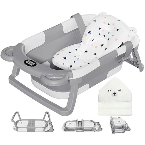 MoreFeel Collapsible Baby Bathtub for Newborn with Thermometer & 1 Hooded Towel & 1 Soft Floating Cushion,Portable Travel Bathtub with Drain Hole, Durable Foldable Baby Tubs for Infants to Toddler