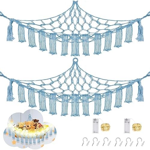 Stuffed Animal Hammock with LED Light, 2 Pack Toy Hammock for Stuffed Animals Storage for Kids, Stuffed Animal Hammock Corner, Baby Blue