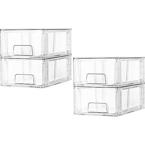 Vtopmart 4 Pack Stackable Storage Drawers,Clear Acrylic Drawer Organizers with Handles, Easily Assemble for Fridge, Bathroom,Kitchen Undersink,Cabinet,Pantry Organization and Storage