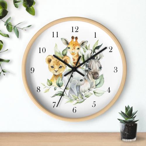 Safari Animals  Nursery Wall Clock, Jungle Animals Girl Boy Bedroom Decor, Zoo Animals  Elephant Monkey Giraffe Zebra Lion Hippo T166