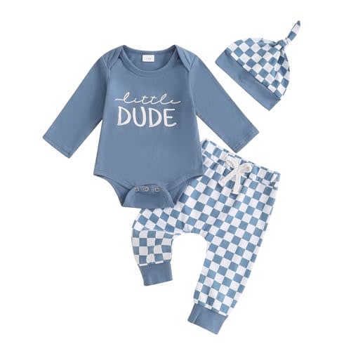 ZAXARRA Newborn Baby Boys Fall Outfits Letter Embroidery Print Long Sleeve Romper Checkerboard Pants Hat Clothing Sets