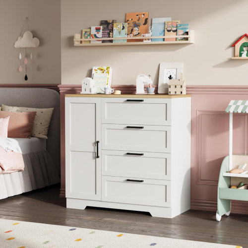 Rebrilliant Wood Armoire Wardrobe Closet with 4 Drawers and Door, 43.3" H Bedroom Wardrobe Cabinet with Hanging Rod, Clothing Storage Cabinets, 4 Drawers Dresser with Storage Closet | Wayfair