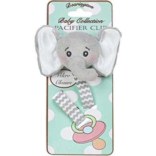 Bearington Collection Baby Pacifier Holder Clip for Baby Girls & Boys | Lil’ Spout Plush Gray Elephant Binkie & Paci Clip | Non Silicone | Satin Leash, Strap, & Binky Clip