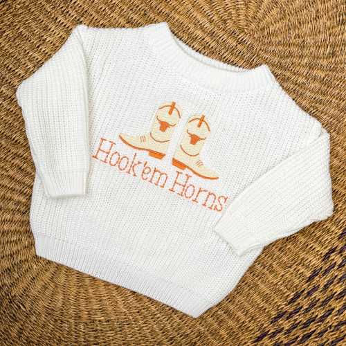 Baby/Toddler Texas Boots Embroidered Sweater - Kids Hook&#39;em Horns Cowboy Boot Sweater - Custom Children&#39;s University of Texas Longhorns