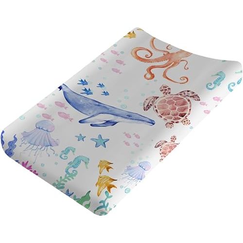 Sea Animals Changing Pad Cover Ocean Animals Corals Sea Weeds Baby Nursery Diaper Changing Pad Sheets for Boys Girls Soft Breathable Stretch Fitted Changing Mat Cover 32''x16''