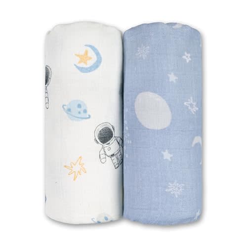 GLLQUEN BABY Muslin Swaddle Blankets Breathable Receiving Blankets (35" x 40") 2-Pack Soft Baby Blankets for Girls and Boys Newborn Essentials Muslin Burp Cloths Swaddle Wrap Baby Gift(Astronaut)