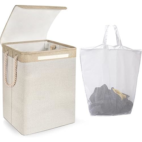 Laundry Basket Hamper with Lid and a Removable Bag 72L Large Collapsible Laundry Baskets Dirty Clothes Hamper with Detachable Rods, Foldable Washing Bin for Clothes and Toys - Beige