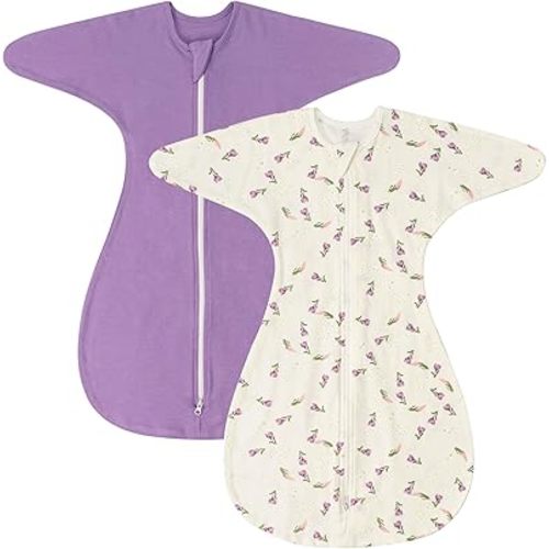 ZIGJOY Shark-Fin Transition Swaddle - 1.0 Tog Baby Sleep Sack Soft Cotton Transitional Swaddle Baby Wearable Blanket with 2-Way Zipper for All Seasons, Purple&Flower, 6-12 Months