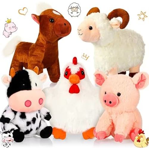 5 Pack Farm Plush Animals Set 10 Inches Plush Farm Stuffed Animals Barnyard Stuffed Animals Soft Pig Rooster Horse Sheep Cow Stuffed Animals Toy for Birthday Party Decoration Supplies