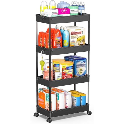 SPACEKEEPER Storage Cart 4-Tier, Bathroom Rolling Cart Utility Storage Organizer Shelf Mobile Shelving Unit for Kitchen Living Room Bathroom Laundry Room & Dressers, Black