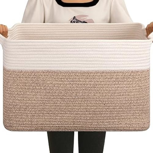 OIAHOMY 65L Blanket Basket, Cotton Rope Woven Blanket storage for Living Room, Rectangle Woven Baskets for Storage, 20''×16''×12'', Brown and White