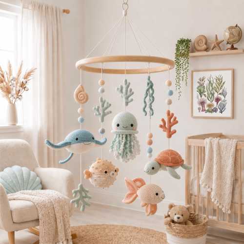 Ocean Crochet Baby Mobile, Under The Sea Crib Mobile, Handmade Nursery Mobile, Sea Animal Nursery Decor, Baby Shower Gift, Baby Room Decor