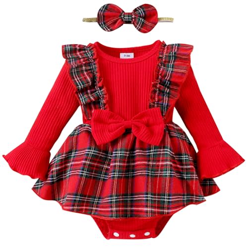 Mubineo Infant Baby Girl Christmas Plaid Overall Dress Outfits Fall Winter Ruffle Romper Headband Sets