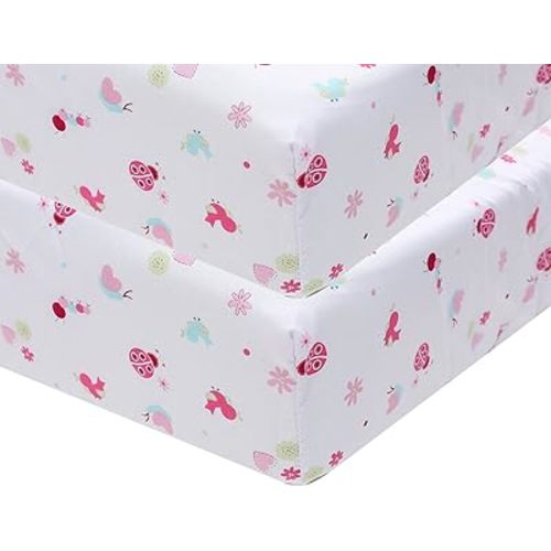 2 PCs Ladybug Theme Nursery Crib Fitted Sheet Baby Girl Garden Crib Fitted Sheet Pink 28 X 52 inch