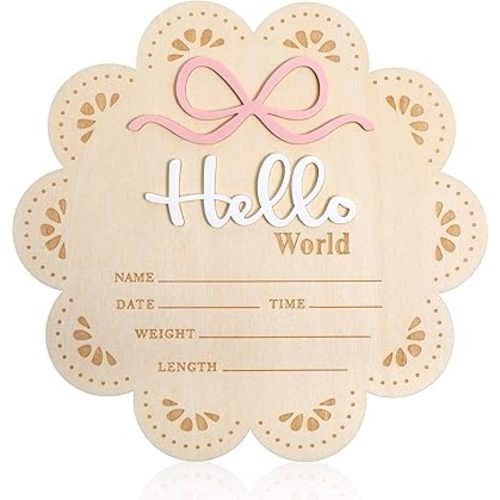 Hello World Newborn Sign, 6 Inch Wooden Baby Announcement Sign Pink Bow Birth Welcome Board for Newborn Boys Girls Photo Props Baby Shower Hospital Nursery