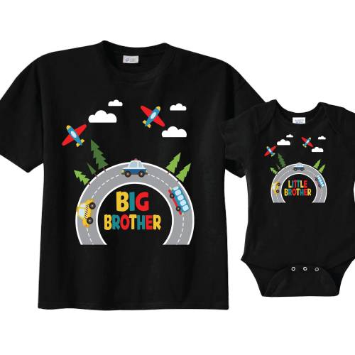 2 Big Brother Shirts and Matching Little Brother Transportation design on Shirts and bodysuit with planes cars. Pregnancy announcement shirt