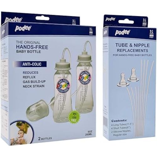 Hands-Free Baby Bottle - Self Feeding System 9 oz (2 Pack - Podee Classic) + Tube and Nipple Replacement Kit