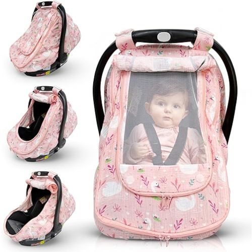 Car Seat Cover for Babies with 100% Cotton Muslin Material | Breathable Carseat Cover for Boys and Girls | Infant Car Seat Canopy for Boys and Girls (Flamingo)