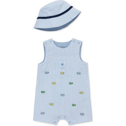 Embroidered Seersucker Cotton Romper & Bucket Hat Set, 3M
