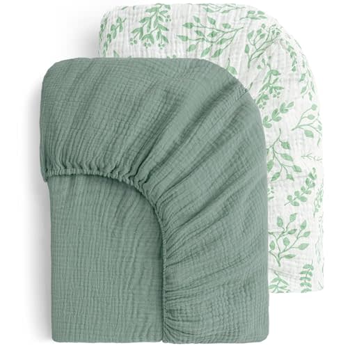 Yoofoss Muslin Pack and Play Sheets Fitted 2 Pack, Pack n Play Sheets Fitted Mini Crib Sheets, Playard Sheets for Pack N Play Mattress, Soft Breathable Durable, Leaves & Green