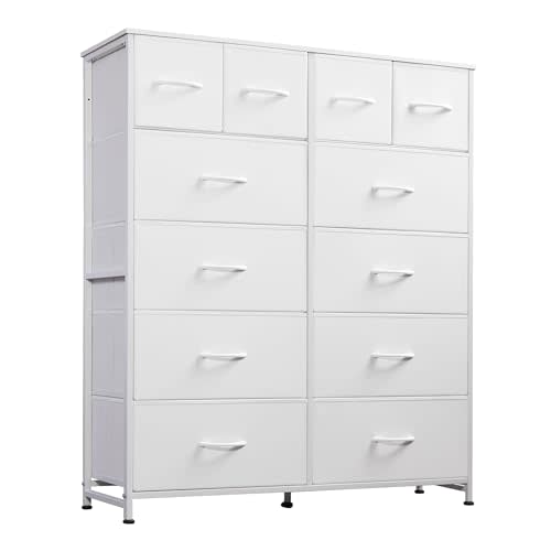 WLIVE Tall Dresser for Bedroom with 12 Drawers, Dressers & Chests of Drawers, Fabric Dresser for Bedroom, Closet, Fabric Storage Dressers with Storage Drawers, Steel Frame, Wood Top, White