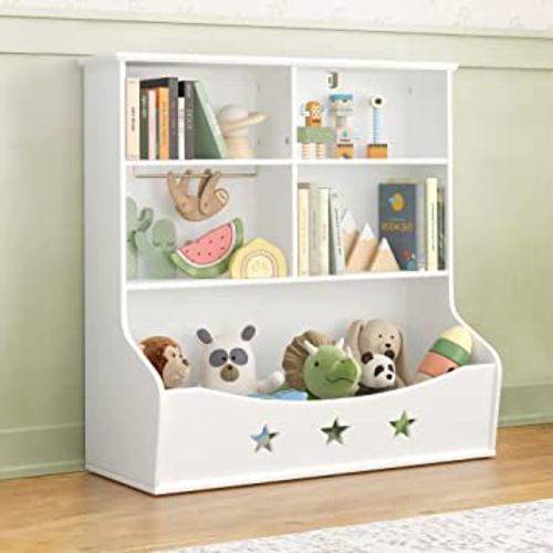 Kids Bookshelf, 3-Shelf Storage Bookcase,Large Wooden Open Book Shelf with 5 Cube Units, Star Pattern Toy Organizer and Storage Cabinet for Playing Room, Nursery, Baby's Bedroom, White
