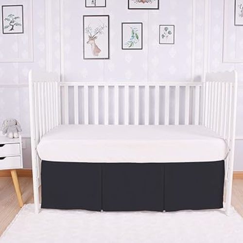 1Pcs Box Pleated Bed Skirt 100% Microfiber Soft and Stylish Crib Bed Skirt (28"x 52" + 14") Drop Lenght with Split Corners 4-Sided Bed Skirt - Black Solid